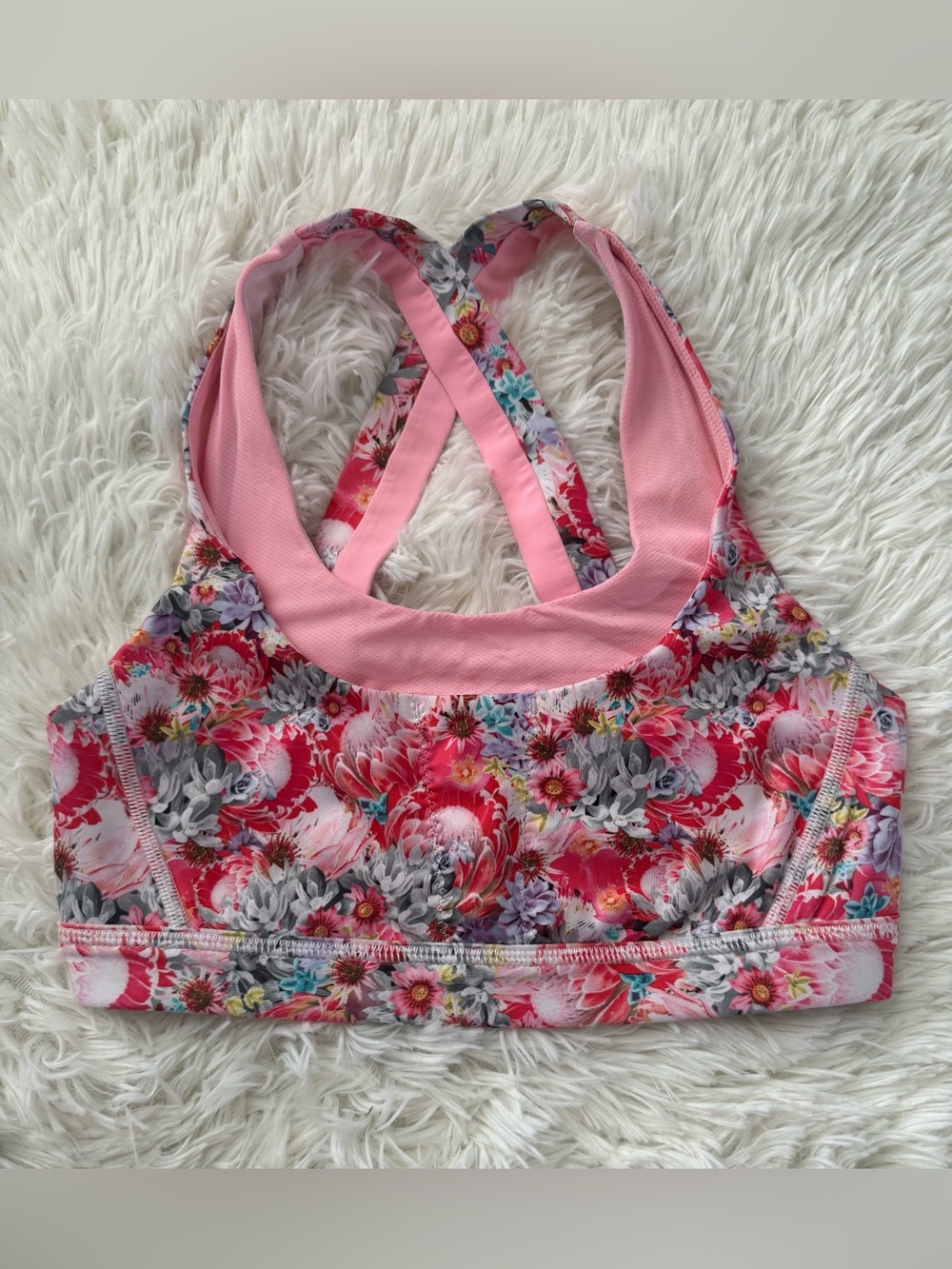 Lululemon Floral Cross Back Sports Bra Size 4 Pink Gray Multicolor